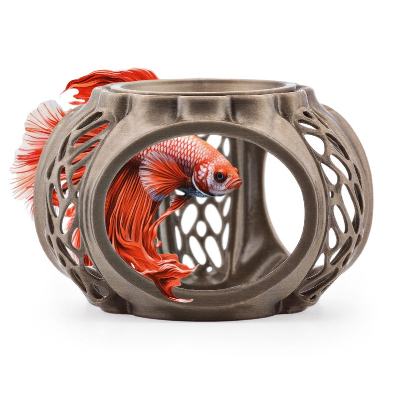 Bronze Betta Lair aquarium hiding cave with red betta fish, swim-through design shown clearly.