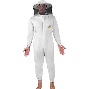 May include: A white beekeeping suit with a matching hat and veil. The suit has a full-length zipper, pockets, and elastic cuffs. The hat has a mesh veil for face protection. The suit has the text "Bee Bee" with a graphic of bees.