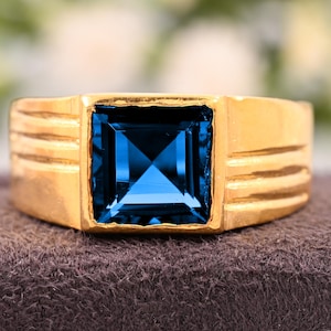 Emerald Cut London Blue Topaz Men&#39;s Ring: Art Deco Sterling Silver
