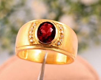Anillo de plata de ley con granate para hombre: Joyería Art Déco hecha a mano