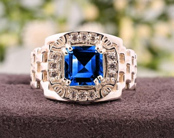Personalized Men’s Blue Sapphire Ring – Cushion Cut Solitaire Sterling Silver – Antique Style Gift Sterling Silver Men’s Blue Sapphire Ring