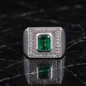 Anillo de sello para hombre con esmeralda, plata de ley 925, talla esmeralda, piedra de nacimiento de mayo, joya llamativa, regalo