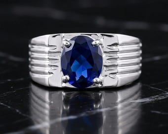 Oval Cut Blue Sapphire Men's Ring 925 Sterling Silver Ribbed Statement Band