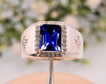 Blue Sapphire Ring, Men’s Art Deco Sterling Silver Band, Square Faceted Gemstone, September Birthstone, Gift for Him, Antique Style Jewelry