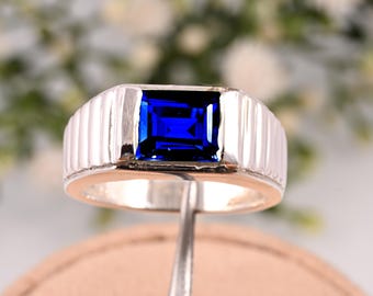 Blue Sapphire Ring for Men – Sterling Silver Cushion Solitaire – Antique Style Personalized Gift Antique Style Men’s Blue Sapphire Ring