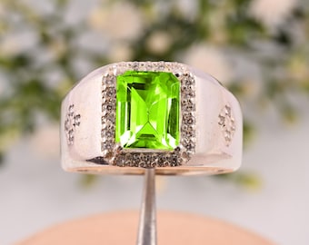 Sterling Silver Men's Peridot Ring: Handmade Art Deco Jewelry