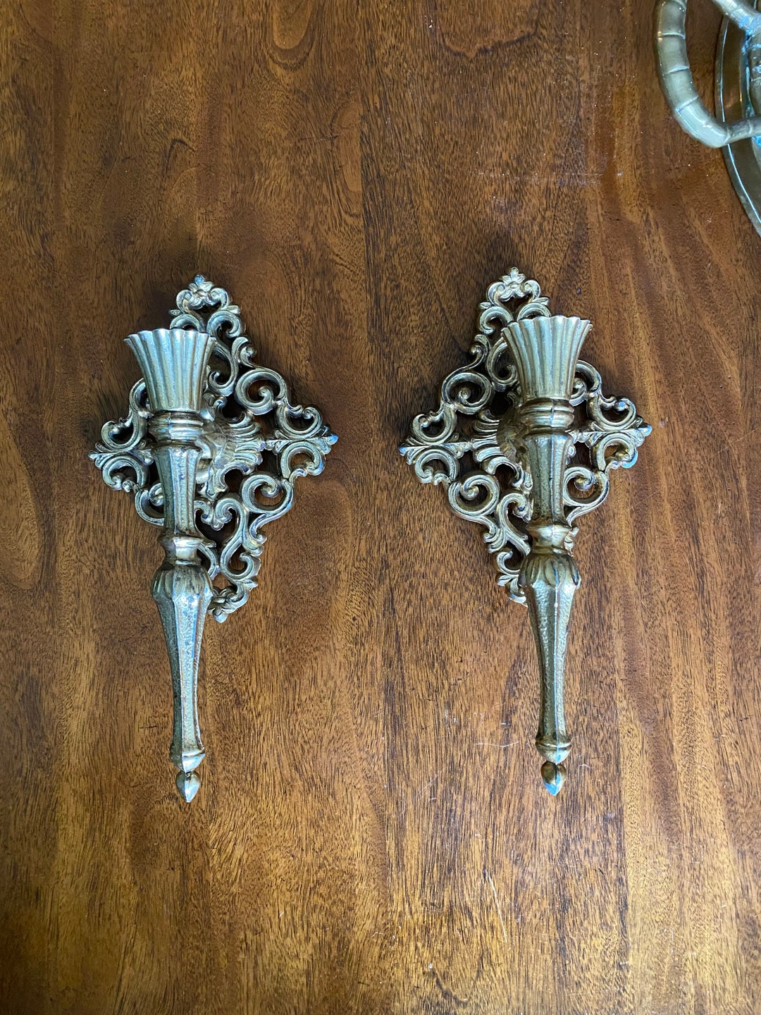 Two Vintage Gold Metal Candle Wall Sconces Etsy