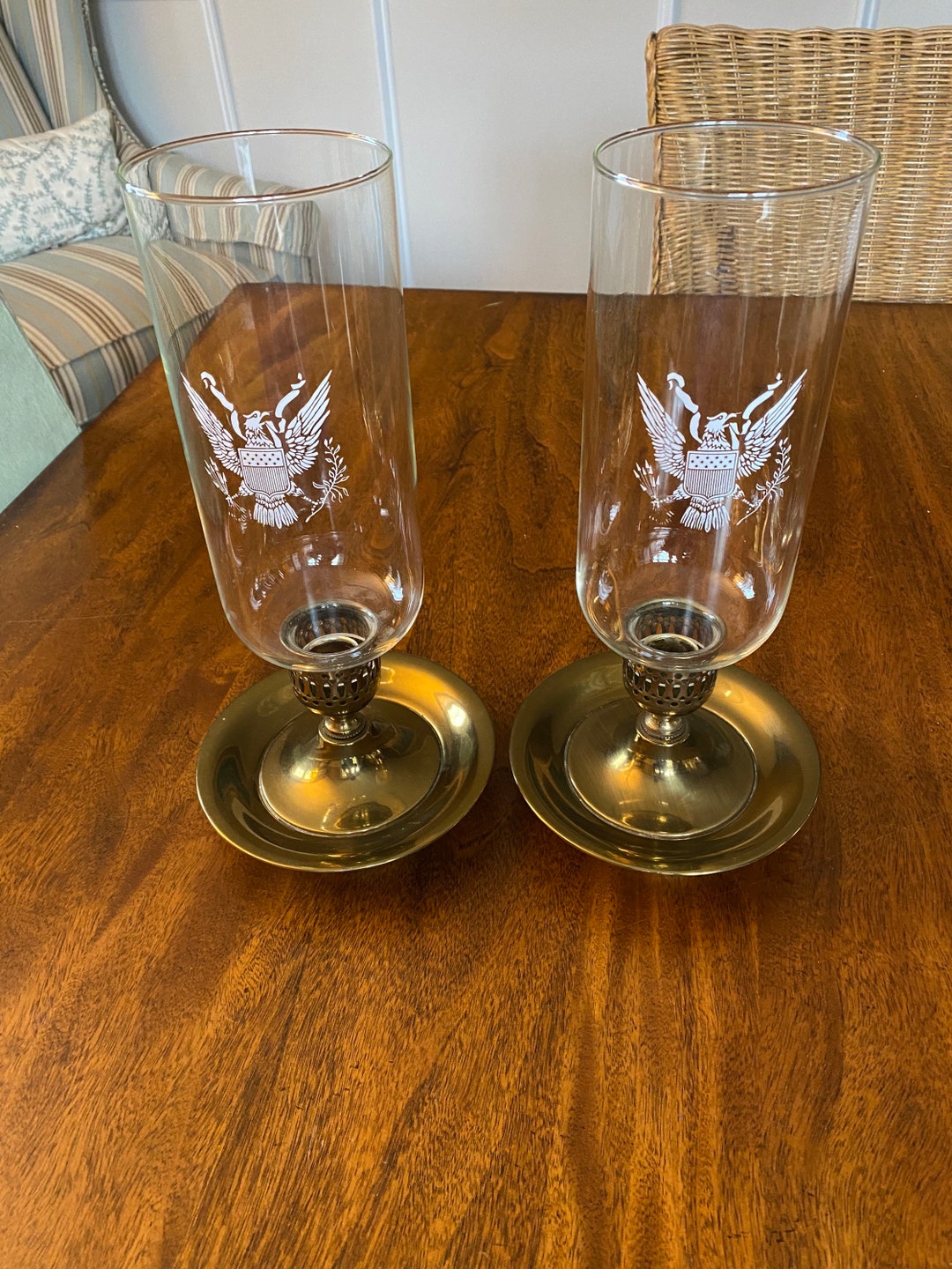 Pair of Brass Hurricane Candle Holders With Eagle Crest Etsy