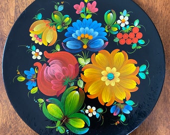 Vintage Painted Black Lacquer Floral Plate