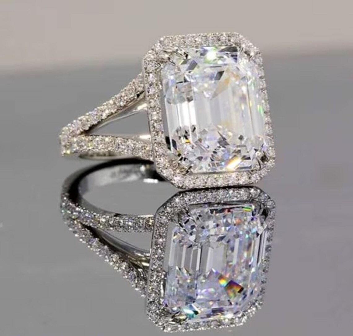 White Emerald Cut Halo Engagement Ring, Split Shank Big Diamond Ring ...