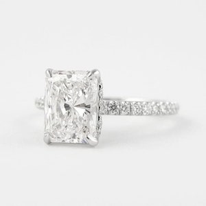 White Radiant Cut Diamond Wedding Ring, Antique Hidden Halo Set Ring, Promise Anniversary Ring, Women&#39;s Ring,