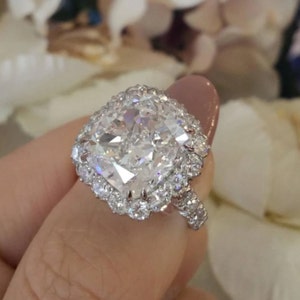6.00ct wit kussen geslepen dimond ring, halo set diamanten trouwring, dubbele pin set ring, vintage kussen stenen ring,