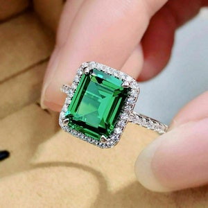 Groene Emerald Cut Diamond Verlovingsring, Vintage Halo Set Trouwring, Groene Stenen Ring, Zilveren Edelsteen Trouwring
