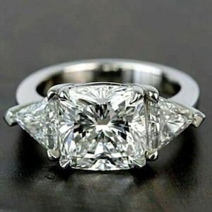 White Cushion Diamond Ring, Three Stone Engagement Ring, Cushion & Trillion Cut Stone Ring, Claw Prong Set Wedding Ring, In 925 Silver