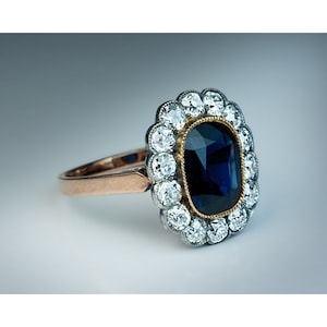 Tweekleurige zilveren beloftering, saffierkussen Diamond Bezel Set Ring, Milgrain Halo Set trouwring, bloemclustervormige ring