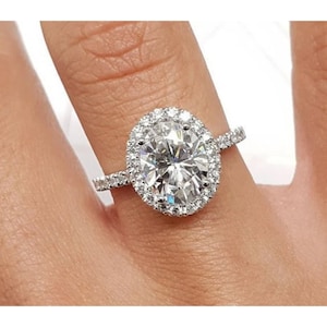 Anillo de boda de halo de diamante de corte ovalado, solitario con anillo de acento, anillo de compromiso de conjunto de halo hecho a mano, anillo de plata de diamante de halo