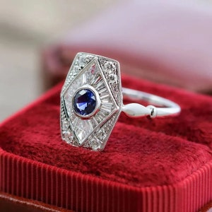 1.60ct blauwe ronde &witte baguette diamanten ring, antieke Edwardiaanse verlovingsring, vintage halo set diamanten ring, Victoriaanse trouwring