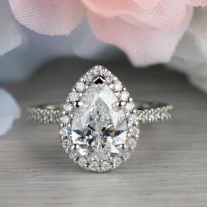 White Pear Cut Diamond Ring, Teardrop Wedding Ring, Halo Engagement Diamond Ring, Party Wear Ring For Her