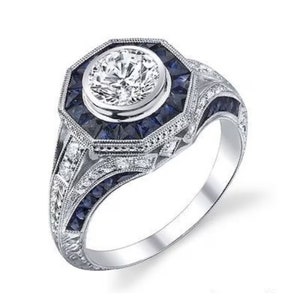 Vintage Octagon Shape Halo Ring, Milgrain Edge Wedding Ring, Vintage Diamond Ring voor moeder, Bezel Set Diamond Ring,