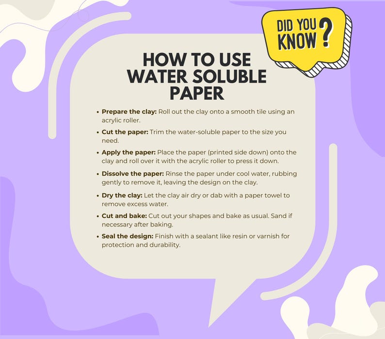May include: A purple and white illustrated guide on how to use water soluble paper for crafting. The guide includes steps like preparing the clay, cutting the paper, applying the paper, dissolving the paper, drying the clay, cutting and baking, and sealing the design.