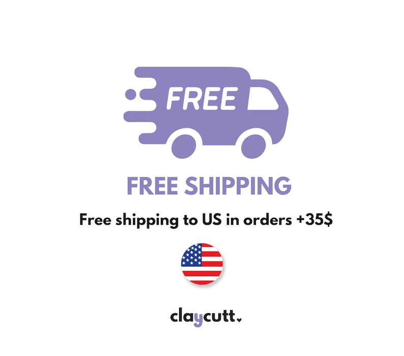 Peut inclure: Ic&ocirc;ne de camion violet avec le mot "FREE" dessus, avec le texte "FREE SHIPPING" sous le camion et le texte "Free shipping to US in orders +$35" en dessous. Une ic&ocirc;ne de drapeau am&eacute;ricain se trouve sous le texte. Le texte "claycutt." est en bas de l'image.