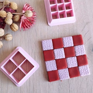 May include: Two pink plastic cookie cutters, one with a square grid pattern and the other with a four-square grid pattern. A sheet of red and purple fondant is cut into squares.