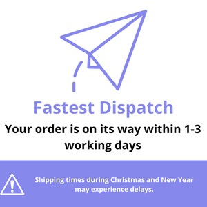 Op de afbeelding: Een blauw papieren vliegtuigpictogram met een witte omtrek, met de tekst "Fastest Dispatch" en "Your order is on its way within 1-3 working days". Onder de tekst staat een waarschuwingspictogram met een uitroepteken, met de tekst "Shipping times during Christmas and New Year may experience delays."