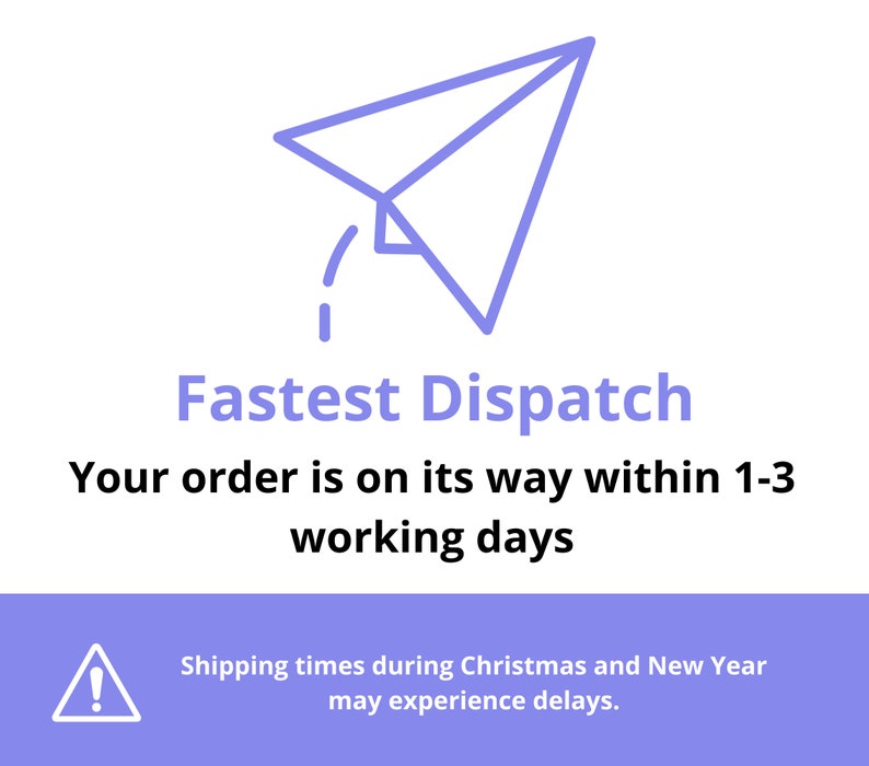 Op de afbeelding: Een blauw papieren vliegtuigpictogram met een witte omtrek, met de tekst "Fastest Dispatch" en "Your order is on its way within 1-3 working days". Onder de tekst staat een waarschuwingspictogram met een uitroepteken, met de tekst "Shipping times during Christmas and New Year may experience delays."