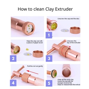 Peut inclure: Un guide en cinq &eacute;tapes sur la fa&ccedil;on de nettoyer une extrudeuse d'argile. Les &eacute;tapes sont illustr&eacute;es par des images de l'extrudeuse &agrave; diff&eacute;rents stades de d&eacute;montage et de nettoyage. Les images sont num&eacute;rot&eacute;es de 1 &agrave; 5.