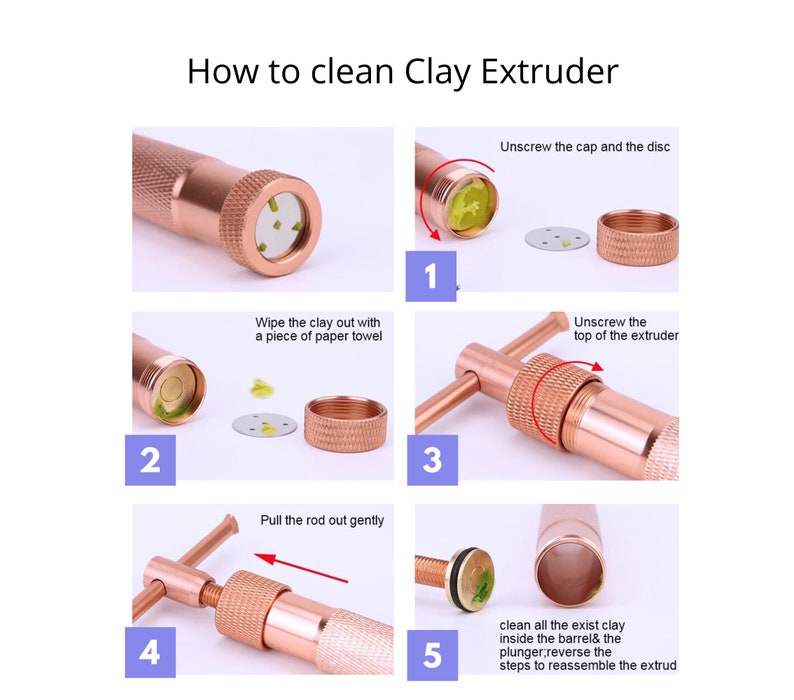 Peut inclure: Un guide en cinq &eacute;tapes sur la fa&ccedil;on de nettoyer une extrudeuse d'argile. Les &eacute;tapes sont illustr&eacute;es par des images de l'extrudeuse &agrave; diff&eacute;rents stades de d&eacute;montage et de nettoyage. Les images sont num&eacute;rot&eacute;es de 1 &agrave; 5.