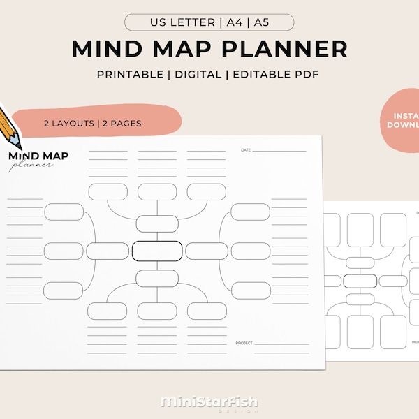 Printable Mind Map Template, Brainstorm Ideas, Action Plan, Study Notes, Visual Mind Map, Minimalist PDF Planner, 2 Layouts, US Letter A5 A4