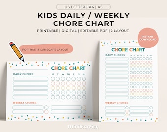 Daily Weekly Chore Chart for Kids, Responsability Chart, Portrait Landscape Layout, Editable Printable Digital PDF Planner, US Letter A5 A4