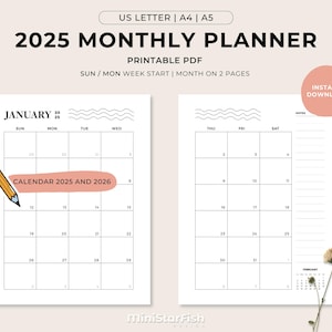 Planificador mensual 2025, mes en 2 páginas, planificador minimalista imprimible en PDF, calendario 2025 y 2026, tamaño carta A4 A5 de EE. UU.