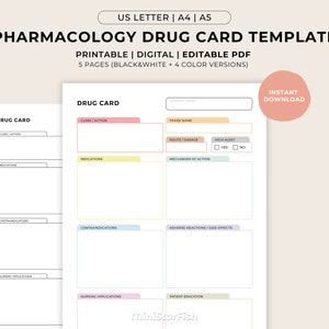 Op de afbeelding: Een printbare medicijnkaart sjabloon met secties voor klasse/werking, handelsnaam, toedieningsweg/dosering, hoge waarschuwing, indicaties, werkingsmechanisme, contra-indicaties, bijwerkingen/neveneffecten, verpleegkundige implicaties en patiëntenvoorlichting. De sjabloon is beschikbaar in zwart-wit en vier kleurenversies.