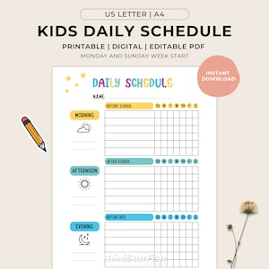 Kids Daily School Schedule, Kids Chore Chart, Daily Routine, Simple Minimalist Editable Printable Digital PDF Planner, US Letter A4 Size