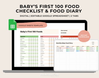 100 Baby&#39;s First Food Tracker Google Sheets, Baby Food Diary, Baby Led Weaning, Allergy Tracker, Minimalist Fillable Google Sheets Template