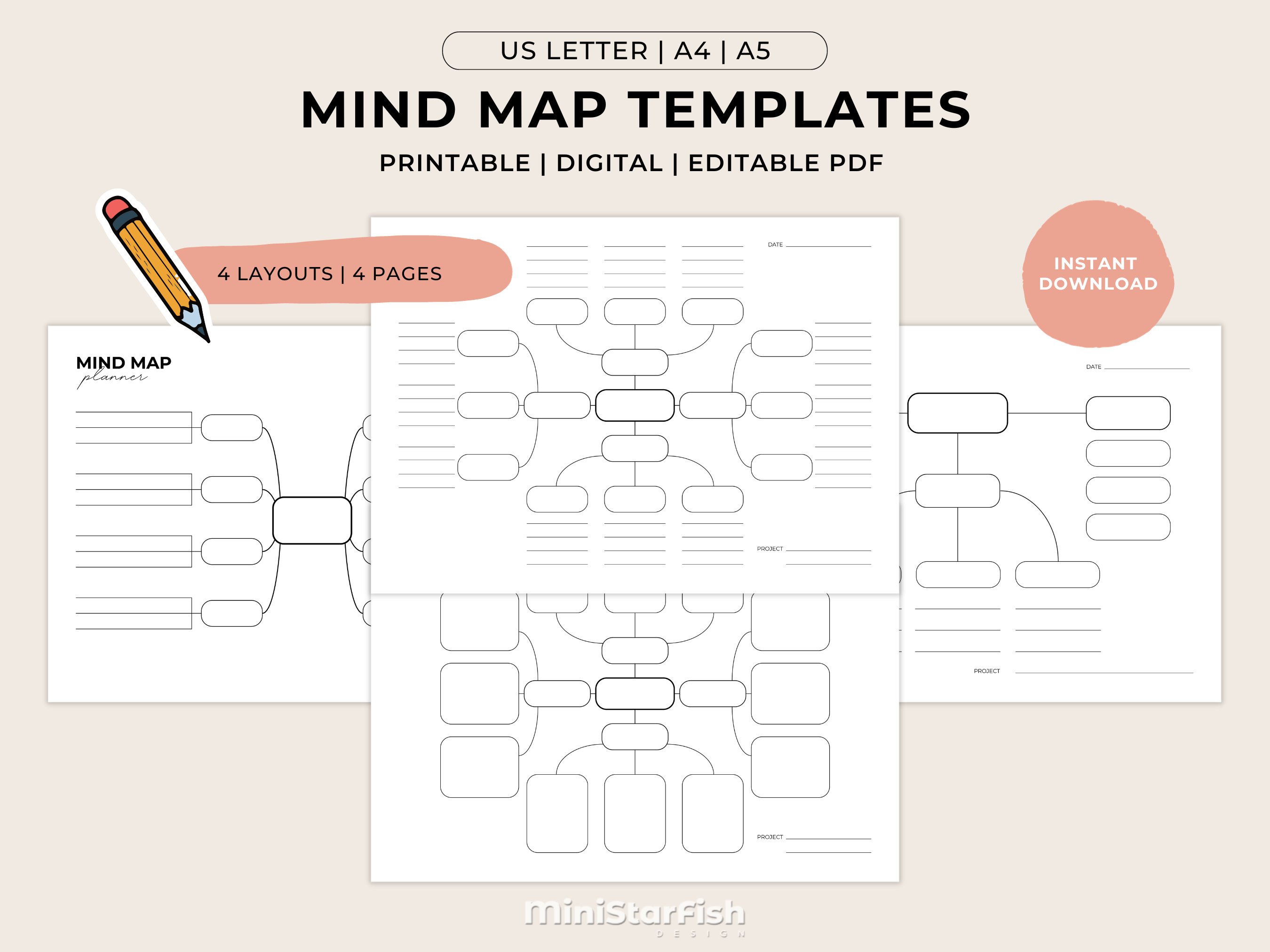 Mind Map Templates Bundle, Brainstorm Ideas, Action Plan, Study Notes, Visual Mind Map, Printable PDF Planner, 4 Layouts, US Letter A5 A4