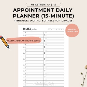Planificador diario de citas, agenda diaria, agenda de citas de 15 minutos, planificadores digitales imprimibles minimalistas sin fecha en formato PDF, tamaño carta de EE. UU. A5 A4