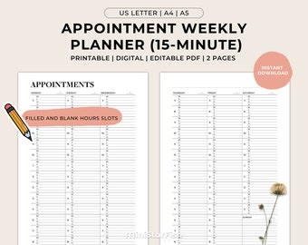 Weekly Appointment Planner, Daily Schedule, 15 Minute Appointment Book, Undated Minimalist Printable Digital PDF Planners, US Letter A5 A4