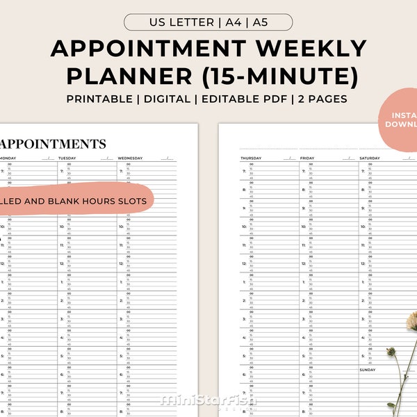 Weekly Appointment Planner, Daily Schedule, 15 Minute Appointment Book, Undated Minimalist Printable Digital PDF Planners, US Letter A5 A4