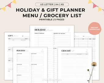 Holiday Planner, Gifts Planner, Holiday Menu Planner, Grocery List, Minimalist Printable PDF Planners Inserts, US Letter A5 A4