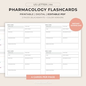 Modèle de carte modifiable de médicament, carte-éclair imprimable de pharmacologie d'infirmière, étudiant d'école d'infirmières, notes de pharmacologie, guide d'étude d'infirmière PDF