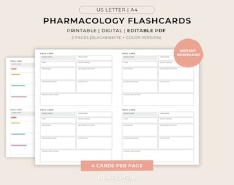 Editable Drug Card Template, Nursing Pharmacology Printable Flashcard, Nursing School Student, Pharmacology Notes, Nurse Study Guide PDF