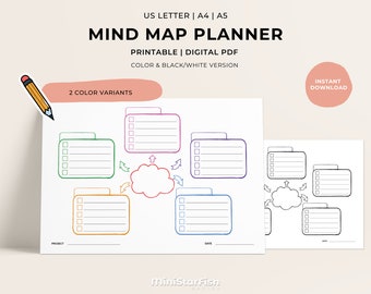 Printable Mind Map Planner, Brainstorm Ideas, Action Plan, Study Notes, Visual Mind Map, Undated Minimalist PDF Planners, US Letter A5 A4