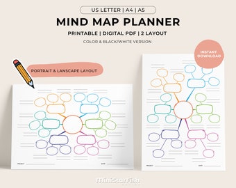 Printable Mind Map Planner, Brainstorm Ideas, Action Plan, Study Notes, Visual Mind Map, Undated Minimalist PDF Planners, US Letter A5 A4