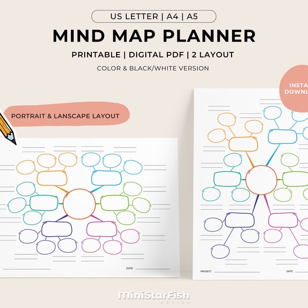 Printable Mind Map Planner, Brainstorm Ideas, Action Plan, Study Notes, Visual Mind Map, Undated Minimalist PDF Planners, US Letter A5 A4