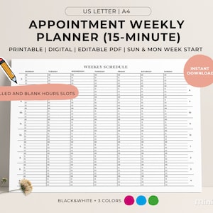 Weekly Appointment Planner Landscape, Daily Schedule, 15 Minute Appointment Book, Meeting Tracker, Printable Editable PDF, US Letter A4
