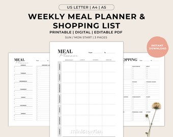 Weekly Meal Planner, Grocery Shopping List, Food Diary, Minimalist Printable Digital Fillable PDF Planners Bundle, US Letter A5 A4