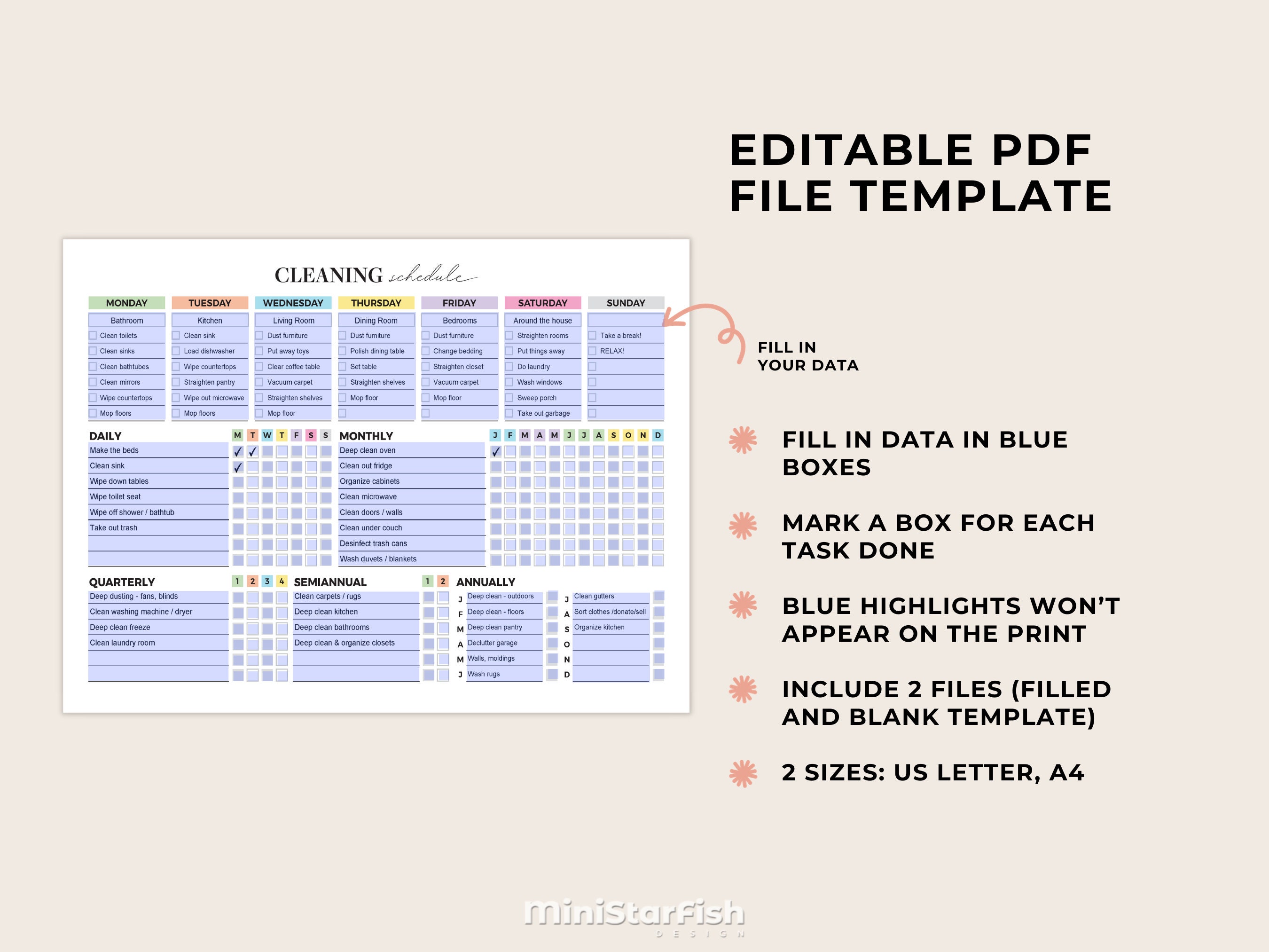 Editable Cleaning Schedule, Daily Weekly Monthly Cleaning Checklist ...