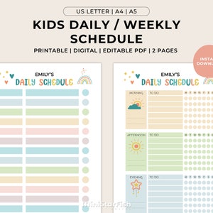 Kids Daily Weekly Schedule Planner, Kids Chore Chart, Simple Minimalist Editable Printable Digital PDF Planner, US Letter A5 A4 Size